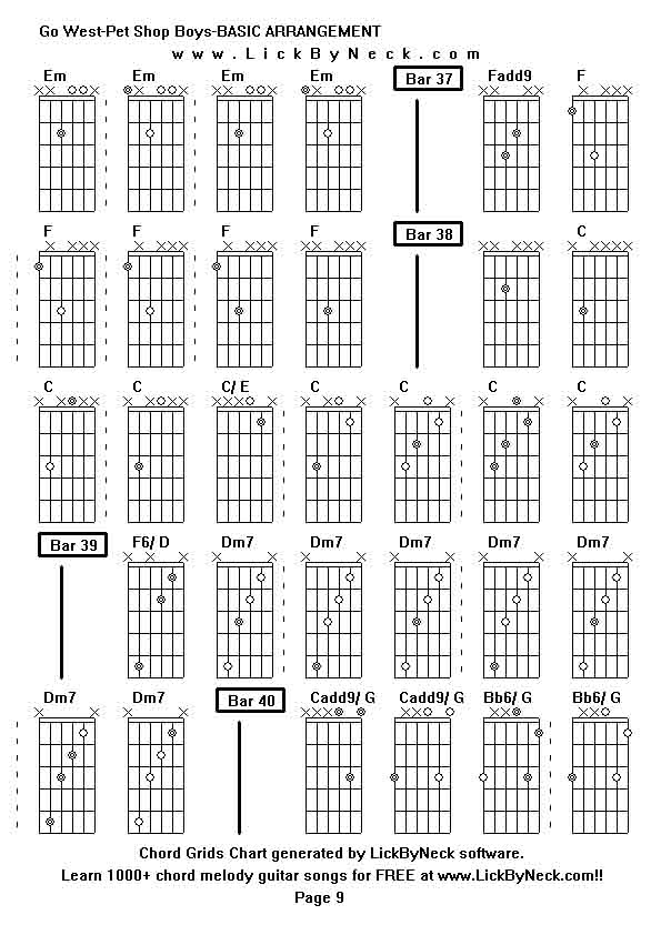 Chord Grids Chart of chord melody fingerstyle guitar song-Go West-Pet Shop Boys-BASIC ARRANGEMENT,generated by LickByNeck software.